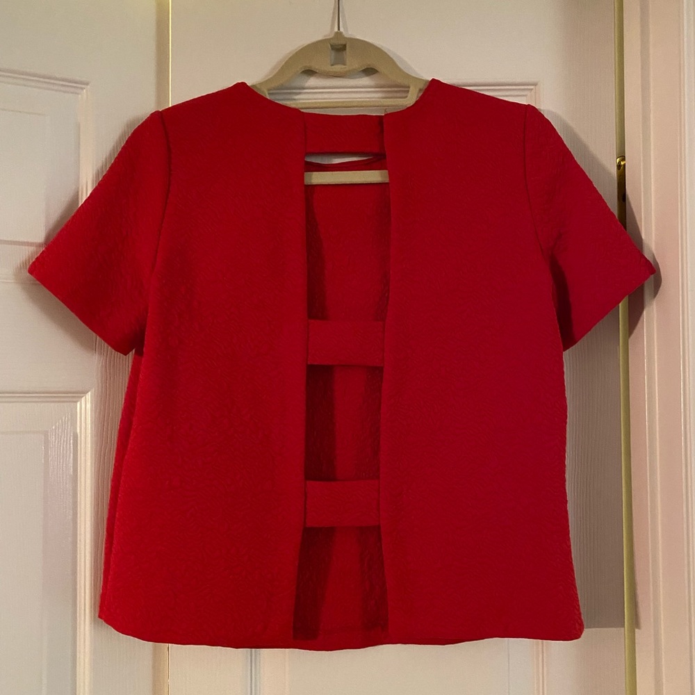 Zara Red Quilted Short Sleeve Open Back Blouse | S